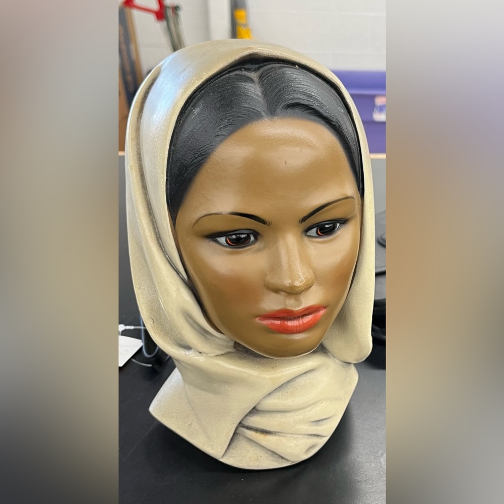 Vintage Marwal chalkware painted bust of brown black woman with scarf figural